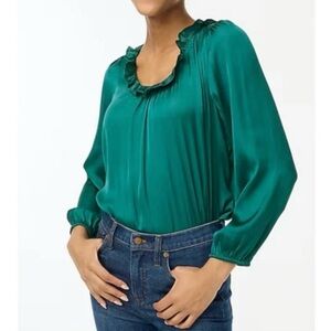 J. Crew Womens Ruffle Neck Blouse S Petite  Green Satin Workwear Office Feminine